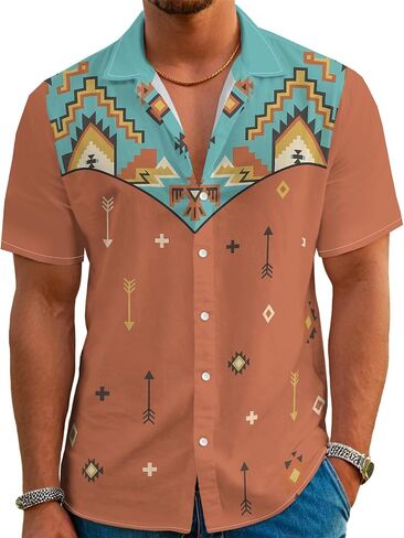 Men’s Hawaiian Shirt Western Style Button Down Vintage Symmetrical Print Short Sleeve Summer Beach Rodeo Party Clothes in Saudi Arabia