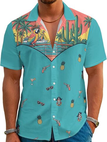 Men’s Hawaiian Shirt Western Style Button Down Vintage Symmetrical Print Short Sleeve Summer Beach Rodeo Party Clothes in Saudi Arabia