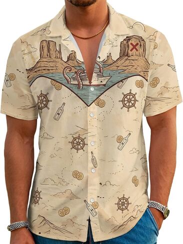 Men’s Hawaiian Shirt Western Style Button Down Vintage Symmetrical Print Short Sleeve Summer Beach Rodeo Party Clothes in Saudi Arabia