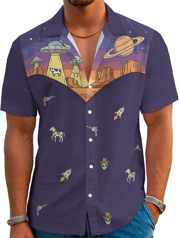 Men’s Hawaiian Shirt Western Style Button Down Vintage Symmetrical Print Short Sleeve Summer Beach Rodeo Party Clothes in Saudi Arabia
