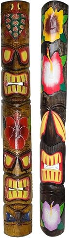 Set of Two 59 inch Hand Carved Polynesian Hawaiian Tiki Style MASK 5 FT Tall Hibiscus Turtle in Saudi Arabia