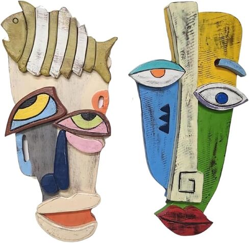 WorldBazzar 3 Pc Abstract MASK African Hand Carved Wooden Tribal Tiki MASK Wall Decor FACE Cubist Picasso, Medium in Saudi Arabia
