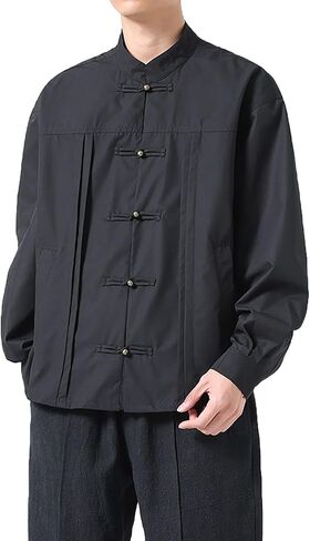 Men Tang Suit Shirt Long Sleeve Chinese Jacket Chinese Stand Up Collar Button Down Shirt,Spring Autumn Long Sleeve Shirt(Black)(5XL) in Kuwait