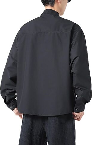 Men Tang Suit Shirt Long Sleeve Chinese Jacket Chinese Stand Up Collar Button Down Shirt,Spring Autumn Long Sleeve Shirt(Black)(5XL) in Kuwait