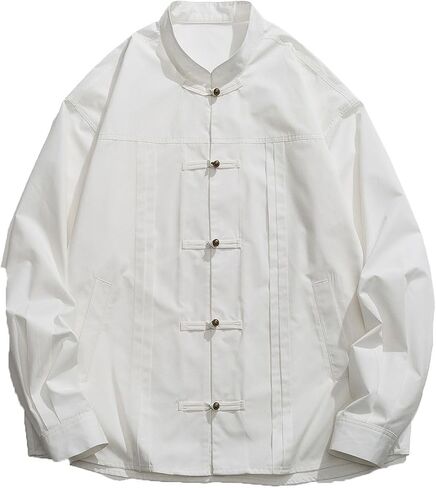 Men Tang Suit Shirt Long Sleeve Chinese Jacket Chinese Stand Up Collar Button Down Shirt,Spring Autumn Long Sleeve Shirt(Black)(5XL) in Kuwait