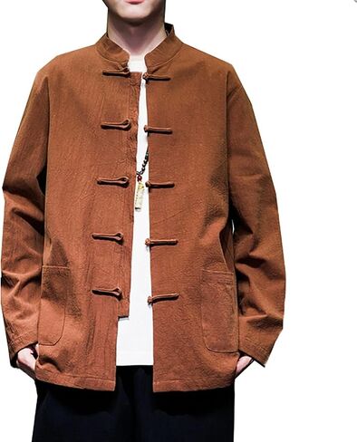 Men Size Tang Suit, Loose Fit Kung Fu Shirt, Stand Collar Kung Fu Jacket, Spring/Autumn Loose Casual Outerwear(Yellow-Brown)(4XL) in Kuwait