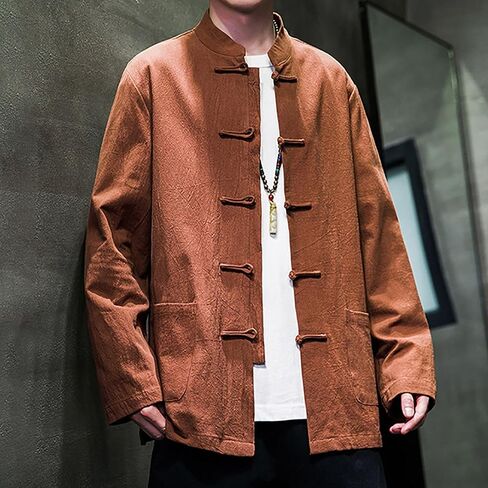 Men Size Tang Suit, Loose Fit Kung Fu Shirt, Stand Collar Kung Fu Jacket, Spring/Autumn Loose Casual Outerwear(Yellow-Brown)(4XL) in Kuwait