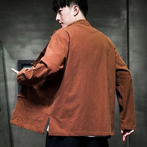 Men Size Tang Suit, Loose Fit Kung Fu Shirt, Stand Collar Kung Fu Jacket, Spring/Autumn Loose Casual Outerwear(Yellow-Brown)(4XL) in Kuwait