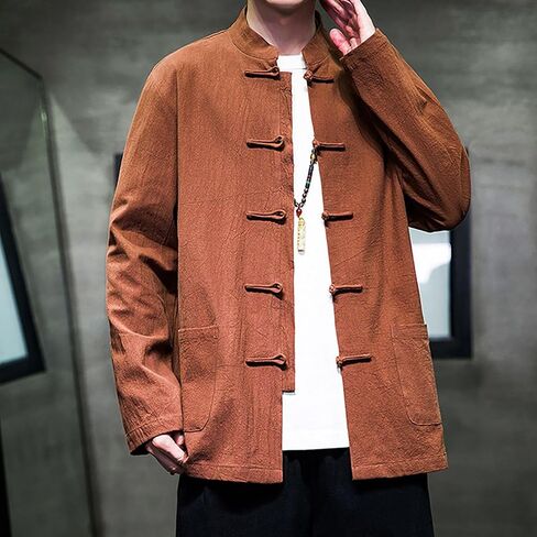 Men Size Tang Suit, Loose Fit Kung Fu Shirt, Stand Collar Kung Fu Jacket, Spring/Autumn Loose Casual Outerwear(Yellow-Brown)(4XL) in Kuwait