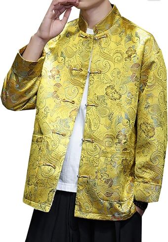 Traditional Chinese Tang Suit for Men, Mandarin Collar Kung Fu Coat, Men's Winter Autumn Jacquard Coat, Traditional Martial Arts Uniform(Yellow)(5XL) in Kuwait