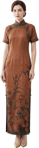 HangErFeng Womens Heavyweight Silk Cheongsam Xiangyunsha Chinese Style Floral Print Elegant Qipao 3950 in Saudi Arabia