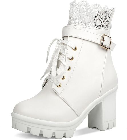 BEAUPAS Womens Ankle Boots Go Go Boots White Lace Up Platform Boots Chunky Heels for Women Heeled Combat Boots Motorcycle Boots Punk Shoes(White,8) in Saudi Arabia