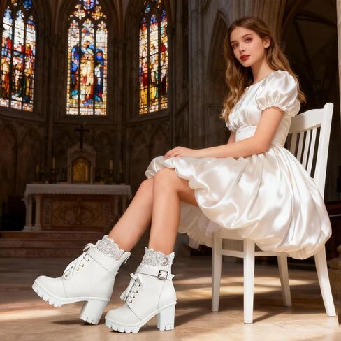 BEAUPAS Womens Ankle Boots Go Go Boots White Lace Up Platform Boots Chunky Heels for Women Heeled Combat Boots Motorcycle Boots Punk Shoes(White,8) in Saudi Arabia