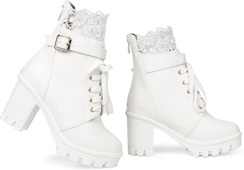 BEAUPAS Womens Ankle Boots Go Go Boots White Lace Up Platform Boots Chunky Heels for Women Heeled Combat Boots Motorcycle Boots Punk Shoes(White,8) in Saudi Arabia