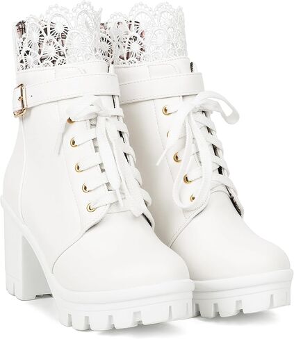 BEAUPAS Womens Ankle Boots Go Go Boots White Lace Up Platform Boots Chunky Heels for Women Heeled Combat Boots Motorcycle Boots Punk Shoes(White,8) in Saudi Arabia