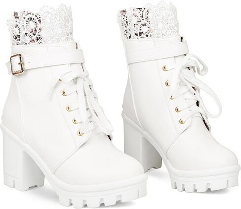 BEAUPAS Womens Ankle Boots Go Go Boots White Lace Up Platform Boots Chunky Heels for Women Heeled Combat Boots Motorcycle Boots Punk Shoes(White,8) in Saudi Arabia