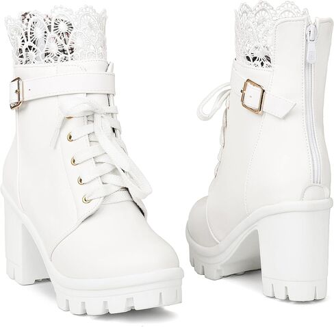 BEAUPAS Womens Ankle Boots Go Go Boots White Lace Up Platform Boots Chunky Heels for Women Heeled Combat Boots Motorcycle Boots Punk Shoes(White,8) in Saudi Arabia