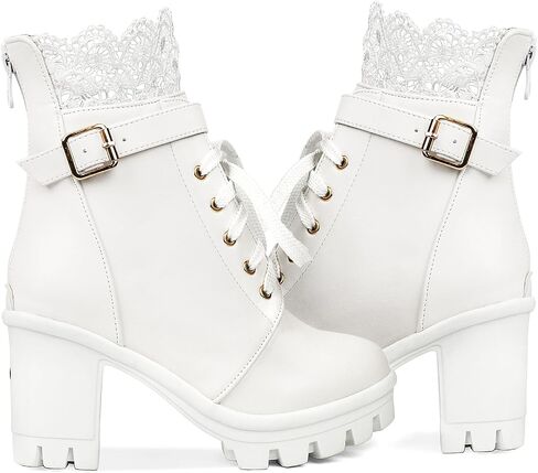 BEAUPAS Womens Ankle Boots Go Go Boots White Lace Up Platform Boots Chunky Heels for Women Heeled Combat Boots Motorcycle Boots Punk Shoes(White,8) in Saudi Arabia