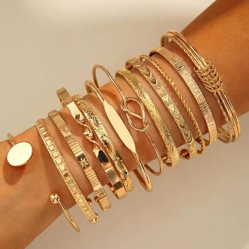 12 Pcs Layered Stackable Bracelet Set for Women, Mixed Geometric & Twisted Rope Design, Embossed Texture Cuffs, Trendy Statement Jewelry in Kuwait