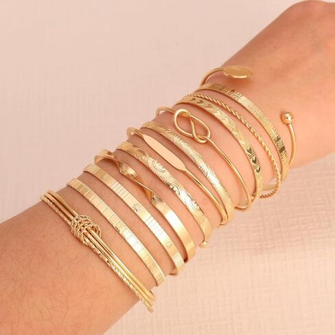 12 Pcs Layered Stackable Bracelet Set for Women, Mixed Geometric & Twisted Rope Design, Embossed Texture Cuffs, Trendy Statement Jewelry in Kuwait