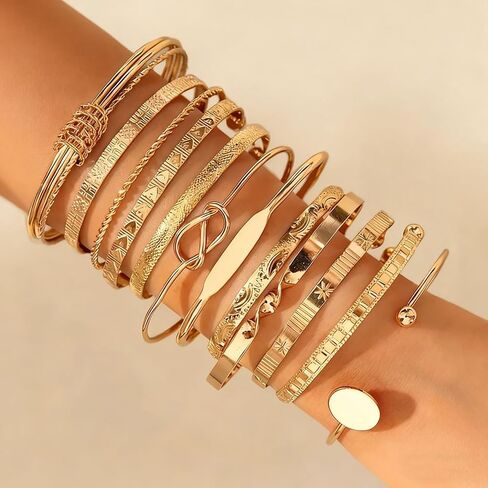12 Pcs Layered Stackable Bracelet Set for Women, Mixed Geometric & Twisted Rope Design, Embossed Texture Cuffs, Trendy Statement Jewelry in Kuwait