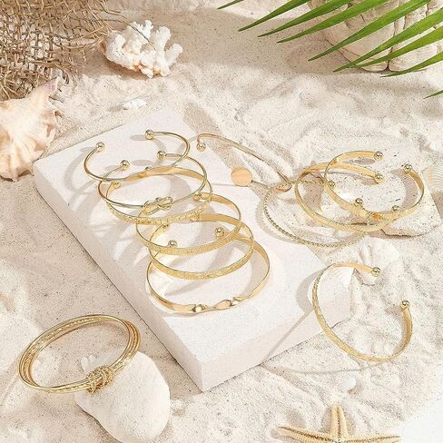 12 Pcs Layered Stackable Bracelet Set for Women, Mixed Geometric & Twisted Rope Design, Embossed Texture Cuffs, Trendy Statement Jewelry in Kuwait