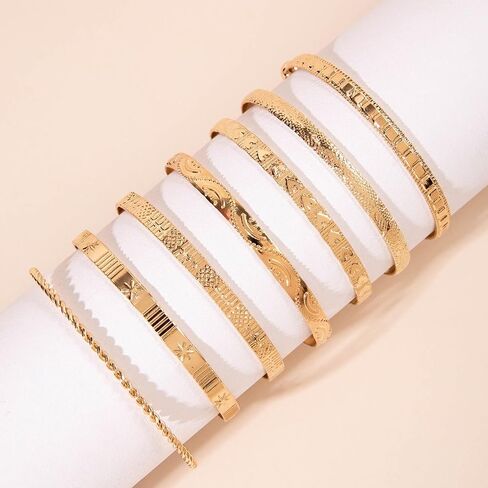 12 Pcs Layered Stackable Bracelet Set for Women, Mixed Geometric & Twisted Rope Design, Embossed Texture Cuffs, Trendy Statement Jewelry in Kuwait