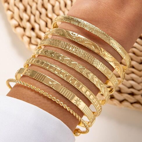 12 Pcs Layered Stackable Bracelet Set for Women, Mixed Geometric & Twisted Rope Design, Embossed Texture Cuffs, Trendy Statement Jewelry in Kuwait