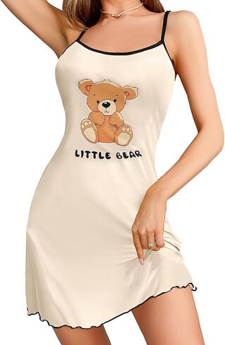 Nightdress for Women, Cute & Sexy Women Pajamas with Floral Print and Ruffle Trim, Elegant Sleeveless Nightdresses for Woman in Kuwait