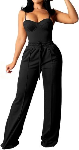 PINSV Women's Casual Wide Leg Pants High Waisted Drawstring Baggy Sweatpants Elastic Straight Leg Lounge Pants Black XXL in Kuwait