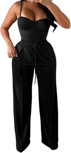 PINSV Women's Casual Wide Leg Pants High Waisted Drawstring Baggy Sweatpants Elastic Straight Leg Lounge Pants Black XXL in Kuwait
