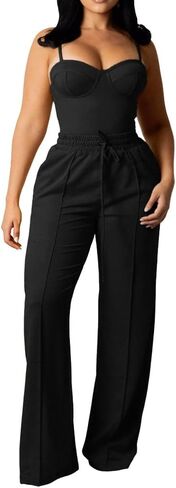 PINSV Women's Casual Wide Leg Pants High Waisted Drawstring Baggy Sweatpants Elastic Straight Leg Lounge Pants Black XXL in Kuwait