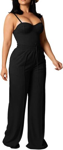 PINSV Women's Casual Wide Leg Pants High Waisted Drawstring Baggy Sweatpants Elastic Straight Leg Lounge Pants Black XXL in Kuwait