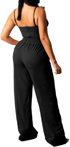 PINSV Women's Casual Wide Leg Pants High Waisted Drawstring Baggy Sweatpants Elastic Straight Leg Lounge Pants Black XXL in Kuwait