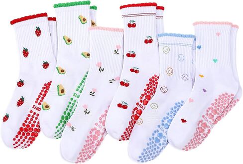 6 Pairs Cute Fruit Pilates Socks for Women, Ruffle Frilly Yoga Socks Non Slip Cotton Crew Socks with Embroidery Pattern for Workout Ballet in Kuwait