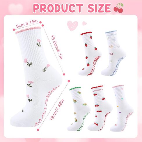 6 Pairs Cute Fruit Pilates Socks for Women, Ruffle Frilly Yoga Socks Non Slip Cotton Crew Socks with Embroidery Pattern for Workout Ballet in Kuwait