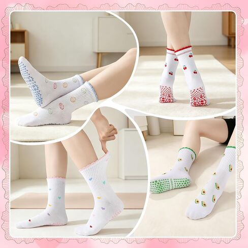 6 Pairs Cute Fruit Pilates Socks for Women, Ruffle Frilly Yoga Socks Non Slip Cotton Crew Socks with Embroidery Pattern for Workout Ballet in Kuwait