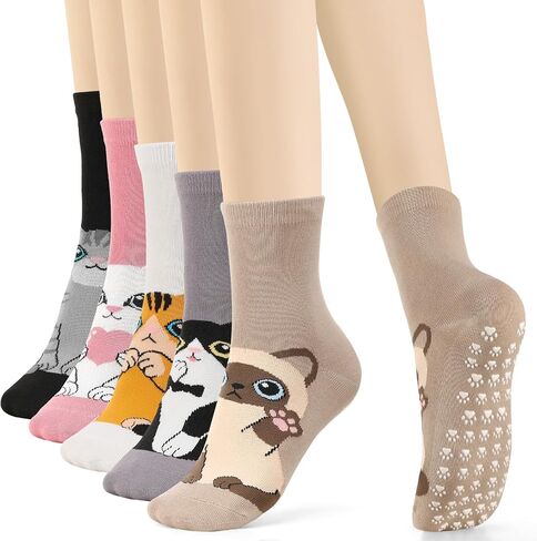 5 Pairs Pilates Grip Socks for Women Yoga Grippy Socks Cute Cozy Animal Pattern Athletic Crew Sock Workout Hospital in Kuwait