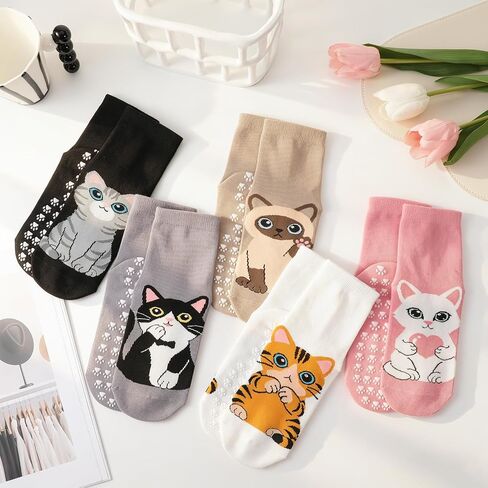 5 Pairs Pilates Grip Socks for Women Yoga Grippy Socks Cute Cozy Animal Pattern Athletic Crew Sock Workout Hospital in Kuwait