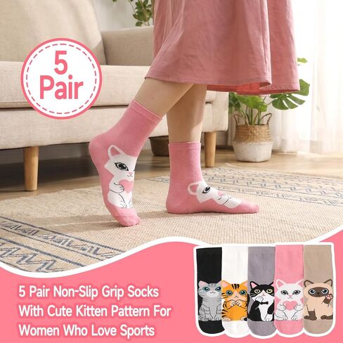 5 Pairs Pilates Grip Socks for Women Yoga Grippy Socks Cute Cozy Animal Pattern Athletic Crew Sock Workout Hospital in Kuwait