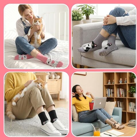 5 Pairs Pilates Grip Socks for Women Yoga Grippy Socks Cute Cozy Animal Pattern Athletic Crew Sock Workout Hospital in Kuwait