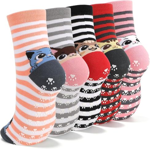 5 Pairs Pilates Grip Socks for Women Yoga Grippy Socks Cute Cozy Animal Pattern Athletic Crew Sock Workout Hospital in Kuwait