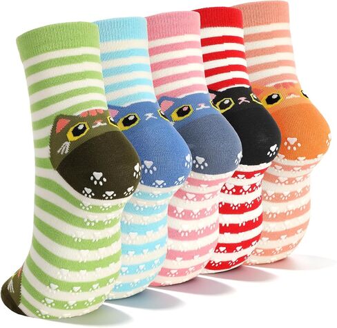 5 Pairs Pilates Grip Socks for Women Yoga Grippy Socks Cute Cozy Animal Pattern Athletic Crew Sock Workout Hospital in Kuwait