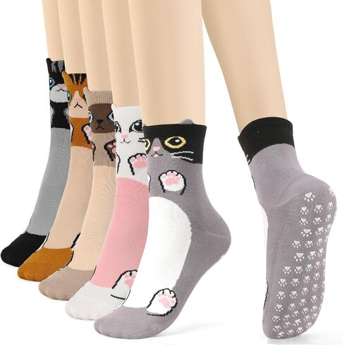5 Pairs Pilates Grip Socks for Women Yoga Grippy Socks Cute Cozy Animal Pattern Athletic Crew Sock Workout Hospital in Kuwait