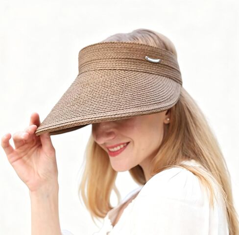 Women's Wide Brim Sun Hat Straw Sun Visor Hat, Natural Straw, Visor Cap UPF 50 Protection, Foldable Beach Hat with Ponytail in Kuwait