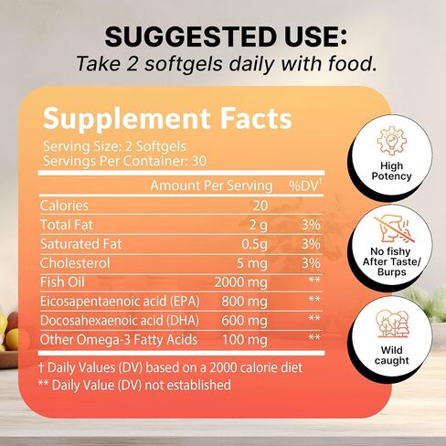 Omega 3 Fish Oil Supplement - 2000 mg Per Serving Containing 800 mg EPA & 600 mg DHA - Heart, Brain & Joint Health Support - 60 Molecularly Distilled Softgels - 30 Days Supply in Kuwait