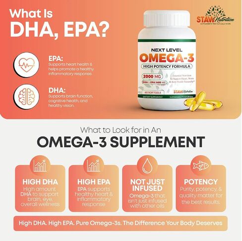 Omega 3 Fish Oil Supplement - 2000 mg Per Serving Containing 800 mg EPA & 600 mg DHA - Heart, Brain & Joint Health Support - 60 Molecularly Distilled Softgels - 30 Days Supply in Kuwait