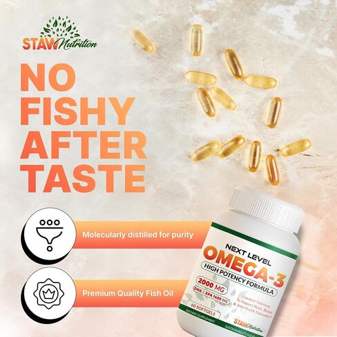Omega 3 Fish Oil Supplement - 2000 mg Per Serving Containing 800 mg EPA & 600 mg DHA - Heart, Brain & Joint Health Support - 60 Molecularly Distilled Softgels - 30 Days Supply in Kuwait