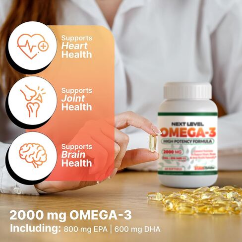 Omega 3 Fish Oil Supplement - 2000 mg Per Serving Containing 800 mg EPA & 600 mg DHA - Heart, Brain & Joint Health Support - 60 Molecularly Distilled Softgels - 30 Days Supply in Kuwait