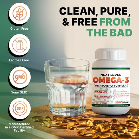 Omega 3 Fish Oil Supplement - 2000 mg Per Serving Containing 800 mg EPA & 600 mg DHA - Heart, Brain & Joint Health Support - 60 Molecularly Distilled Softgels - 30 Days Supply in Kuwait